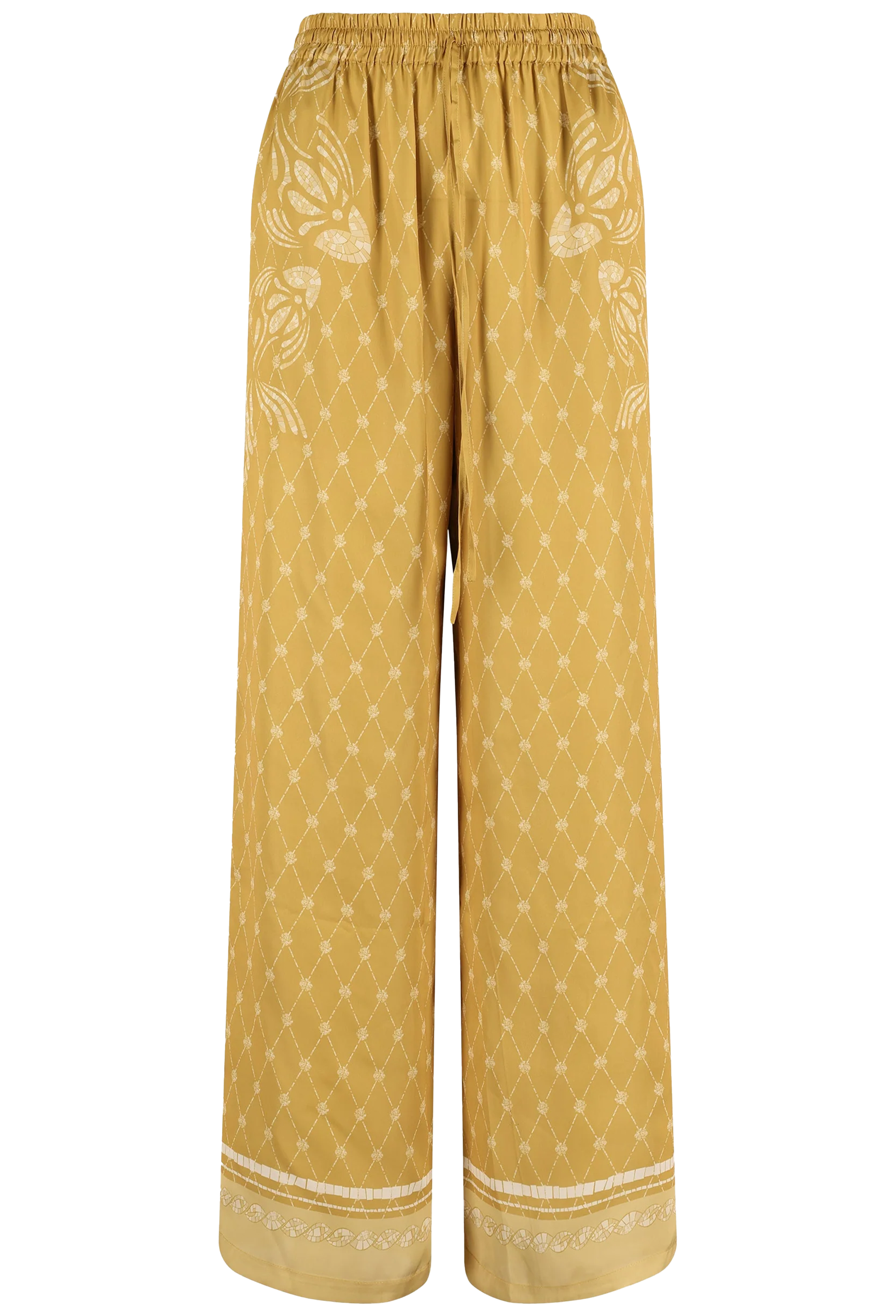 Mustard yellow pants with a subtle pattern on a white background