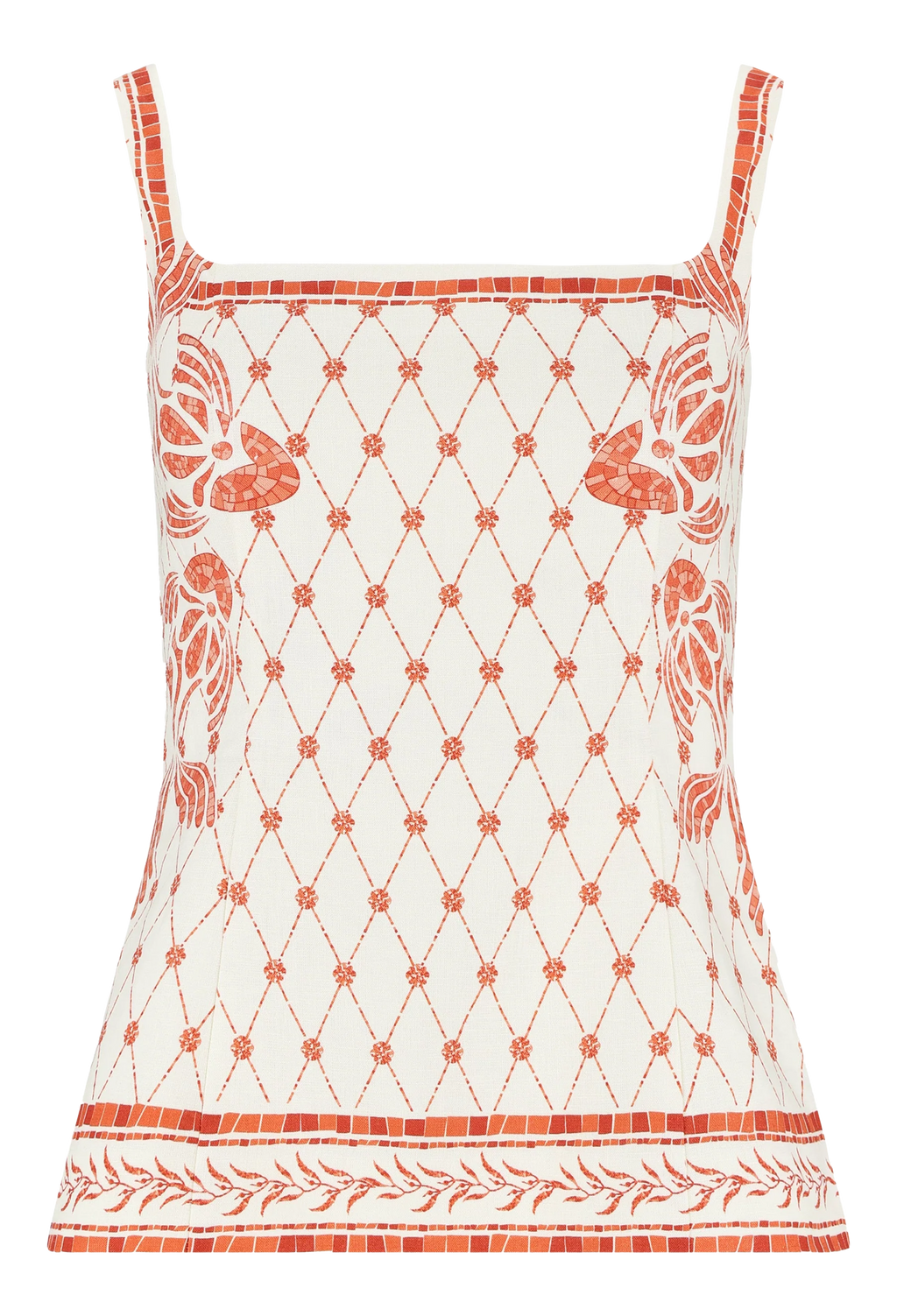 White tank top with red floral patterns on a white background