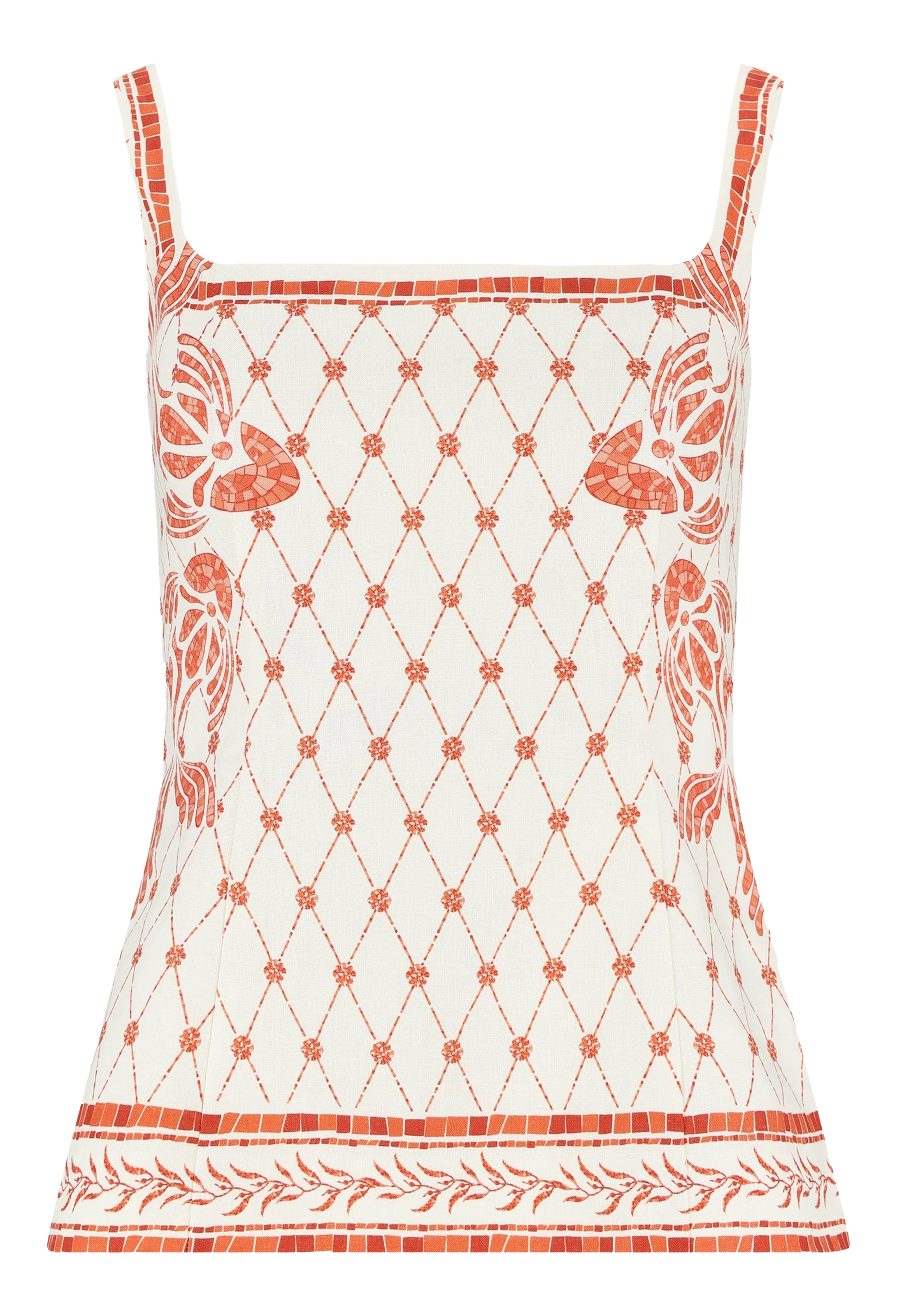 White tank top with red floral patterns on a white background