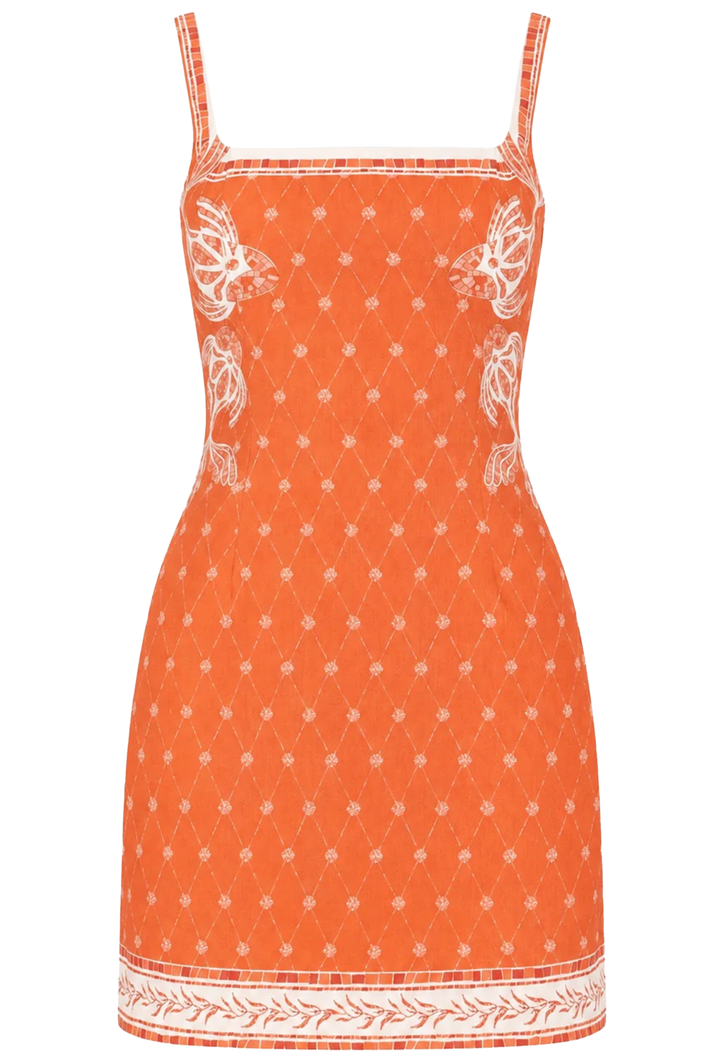 Orange dress with white pattern on a white background