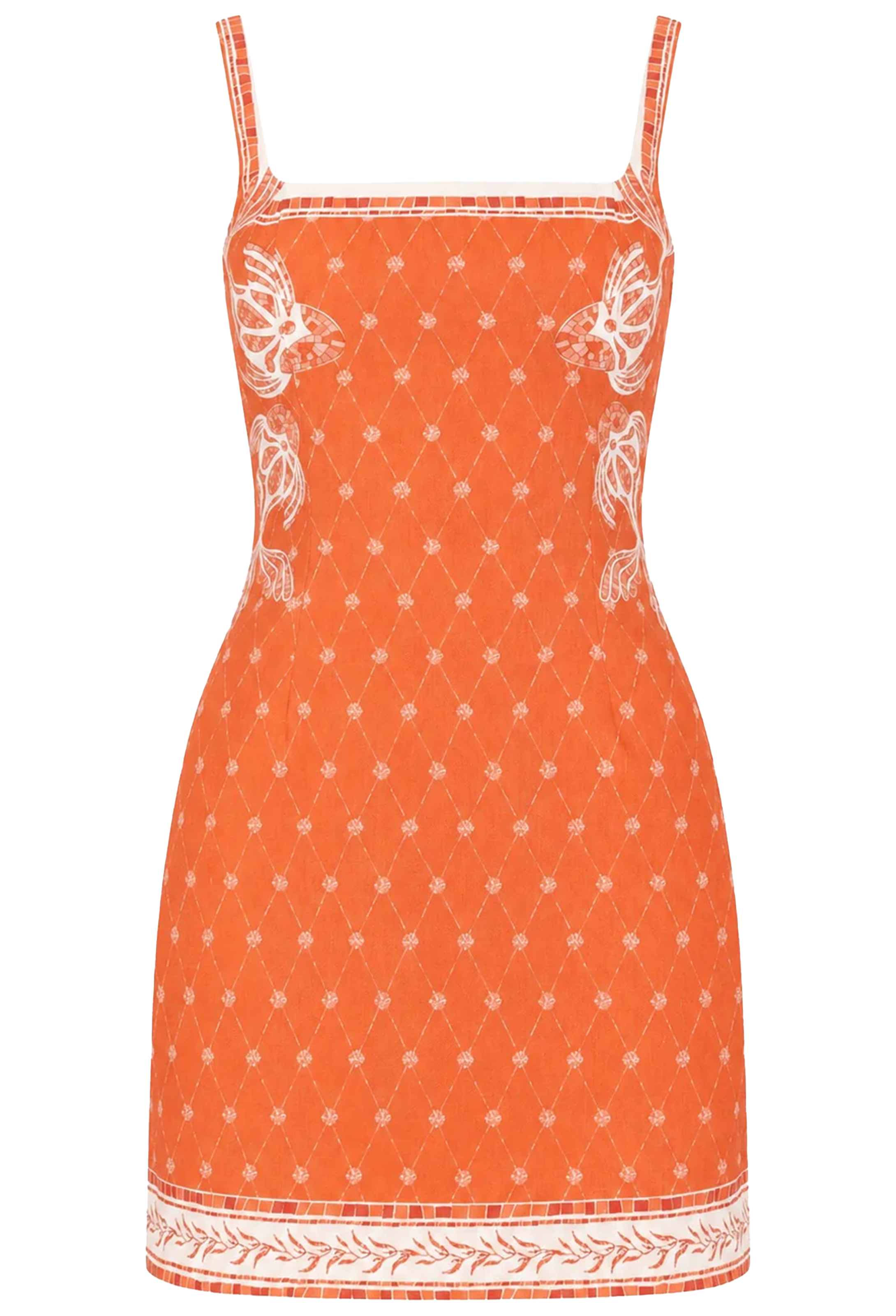 Orange dress with white pattern on a white background