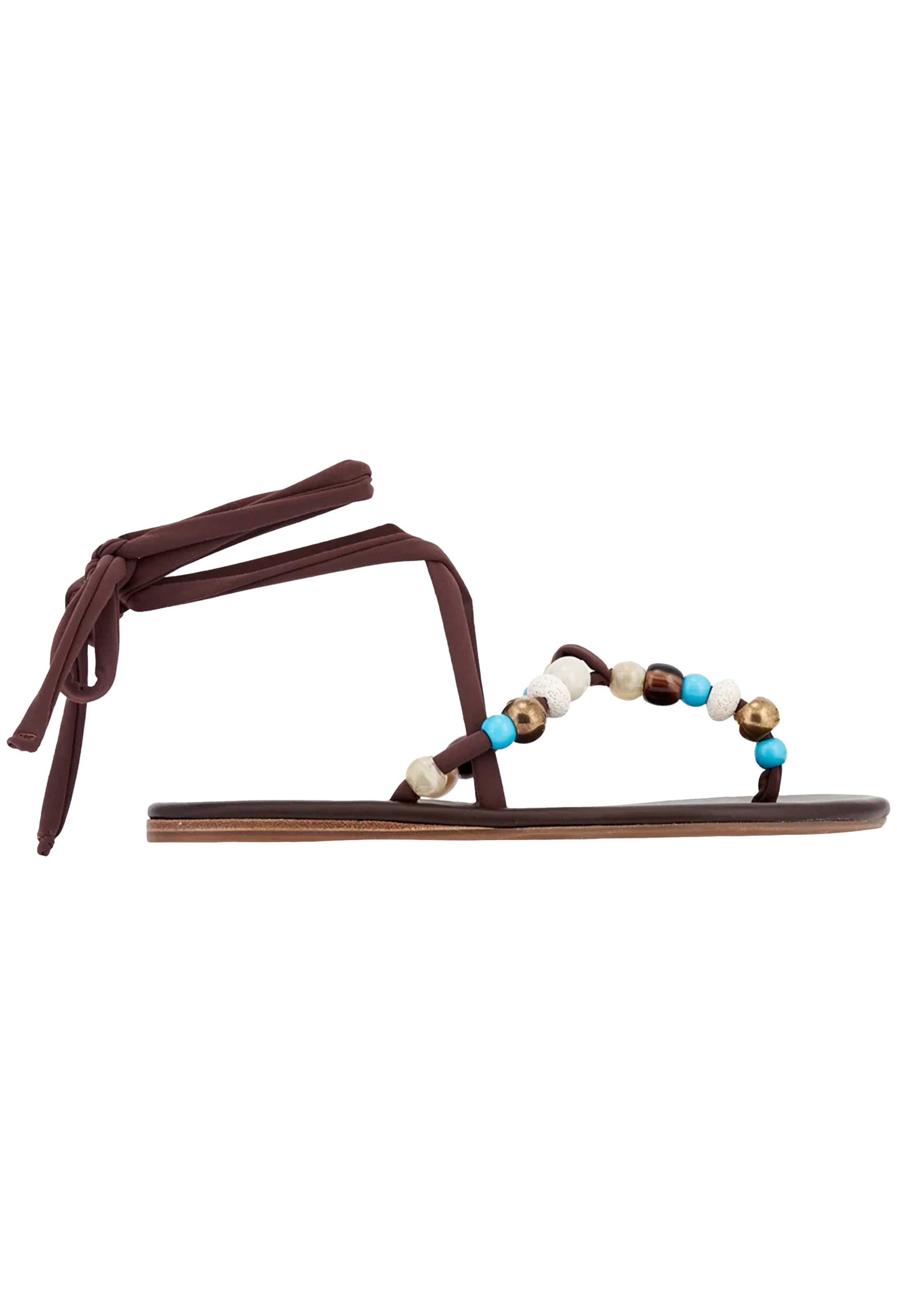 Brown sandal with beaded straps on a white background