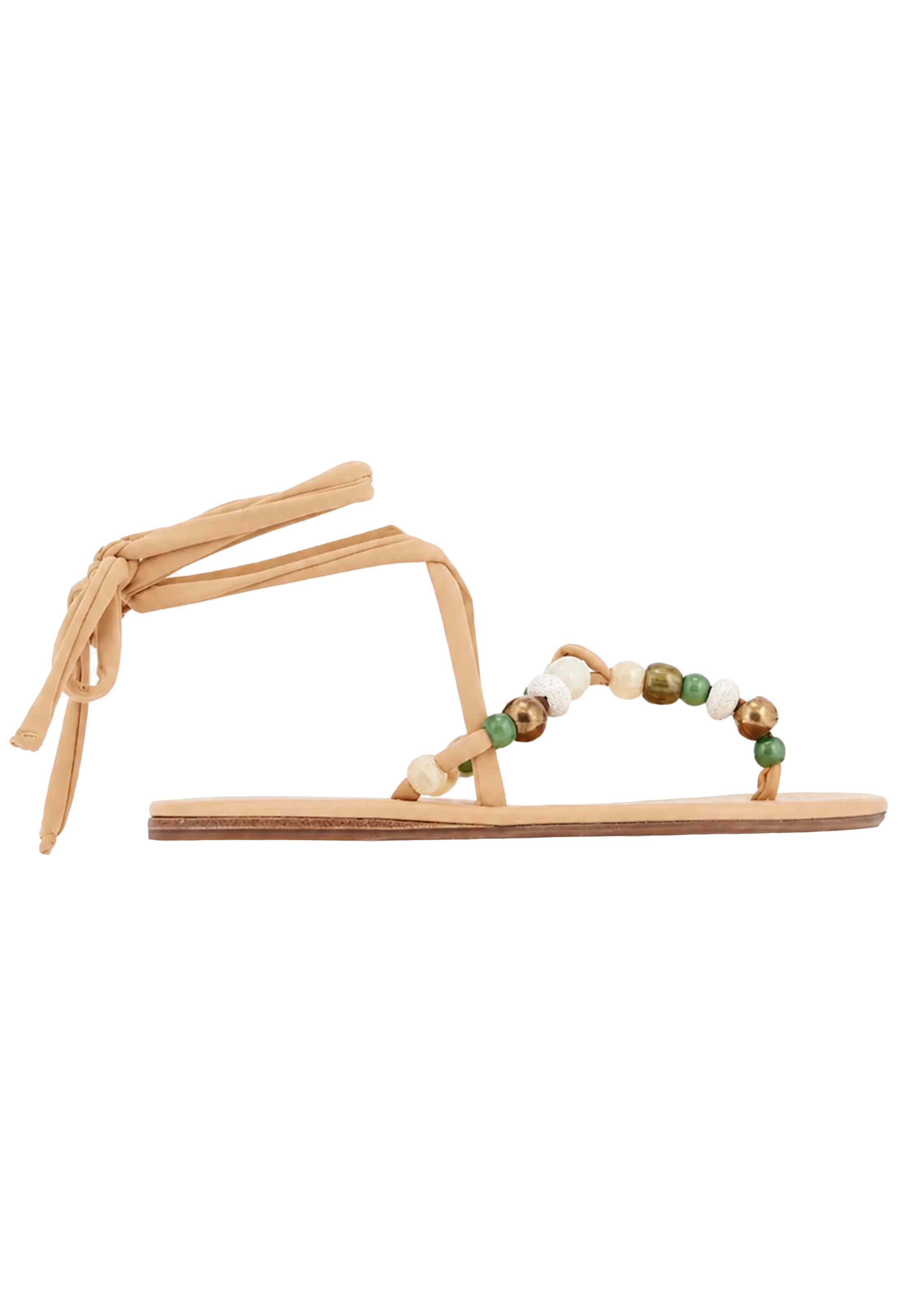 Beige sandal with bead embellishments on a white background
