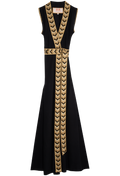 Black dress with gold embroidery on a white background