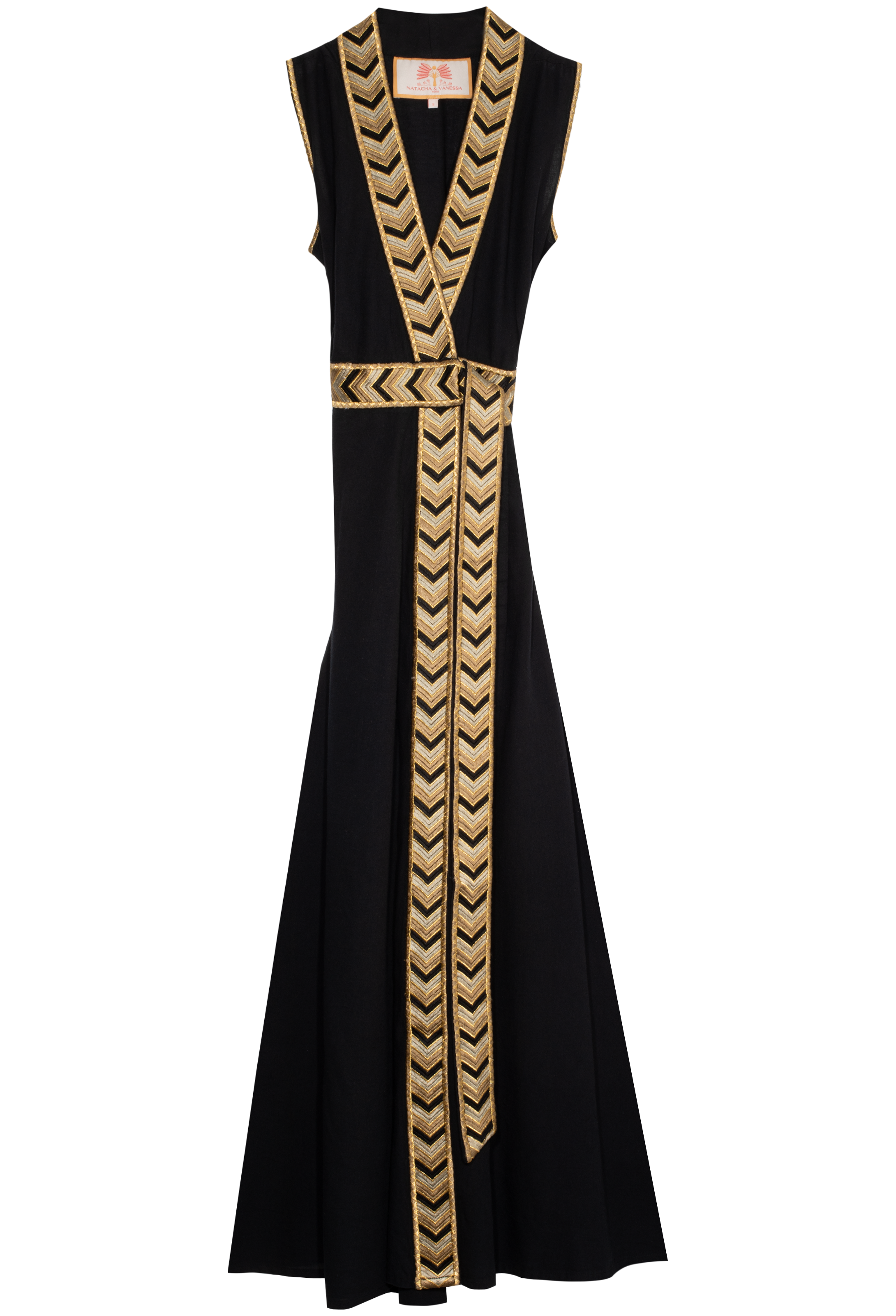 Black dress with gold embroidery on a white background