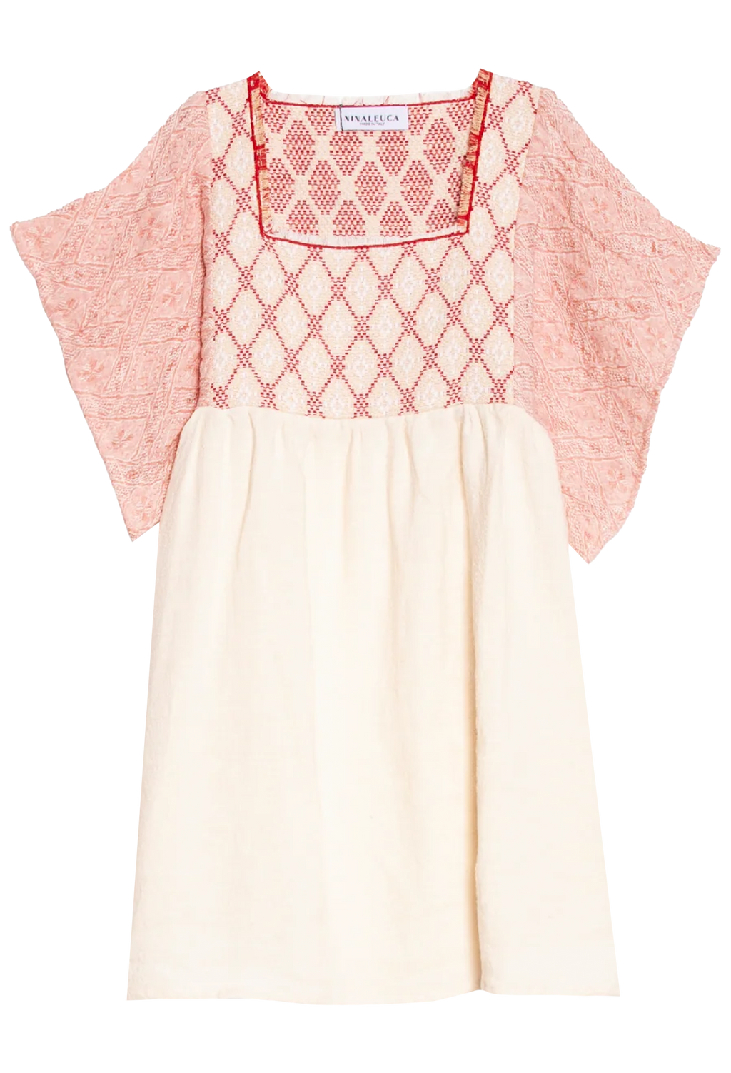 Pink dress with red lattice pattern and cream skirt on a white background