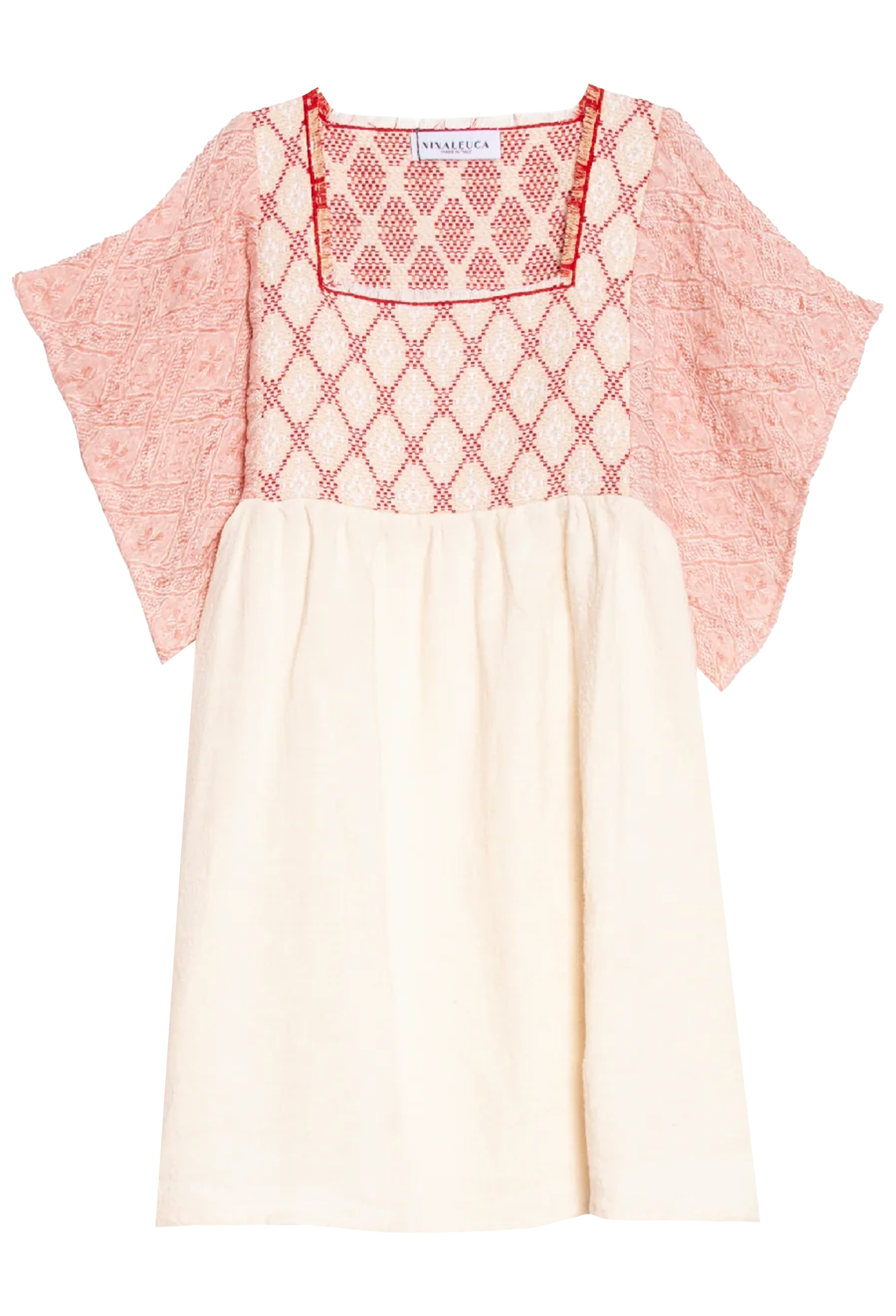 Pink dress with red lattice pattern and cream skirt on a white background