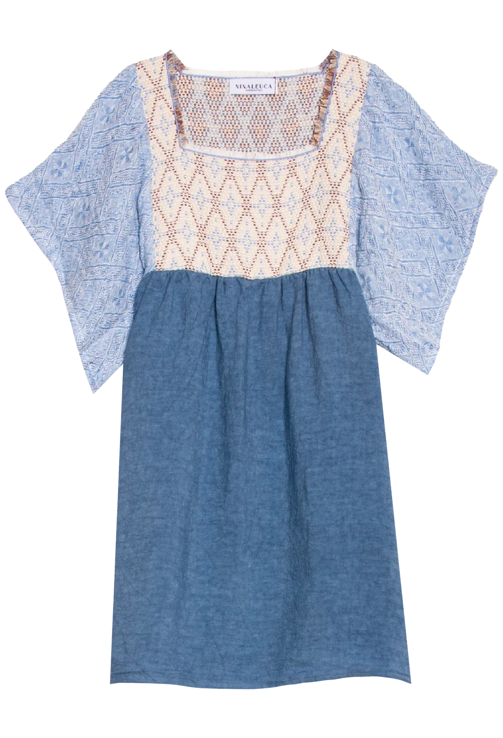 Blue dress with patterned top on a white background