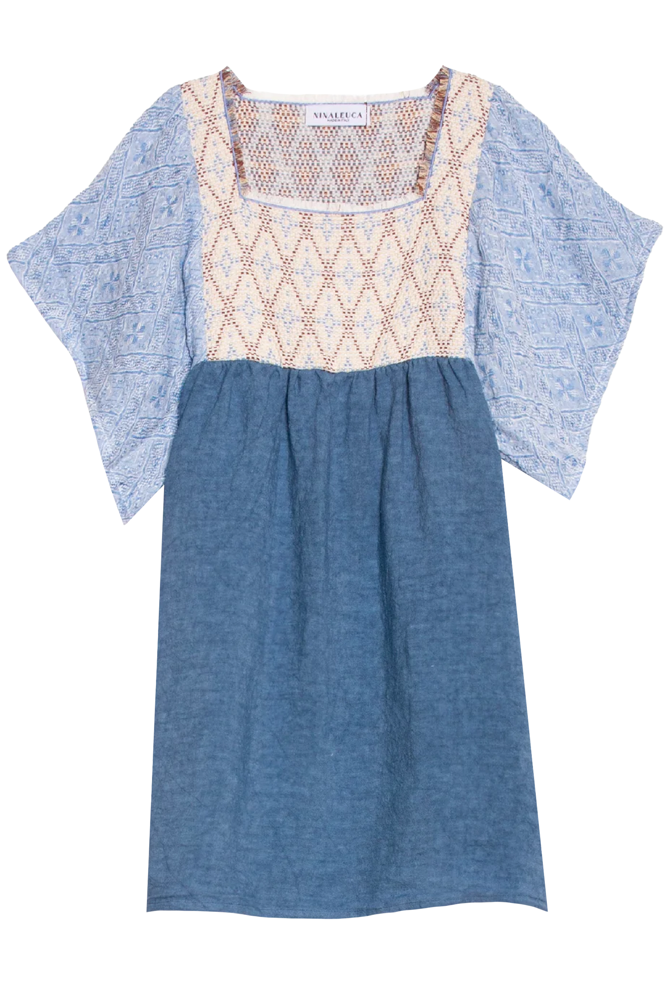 Blue dress with patterned top on a white background
