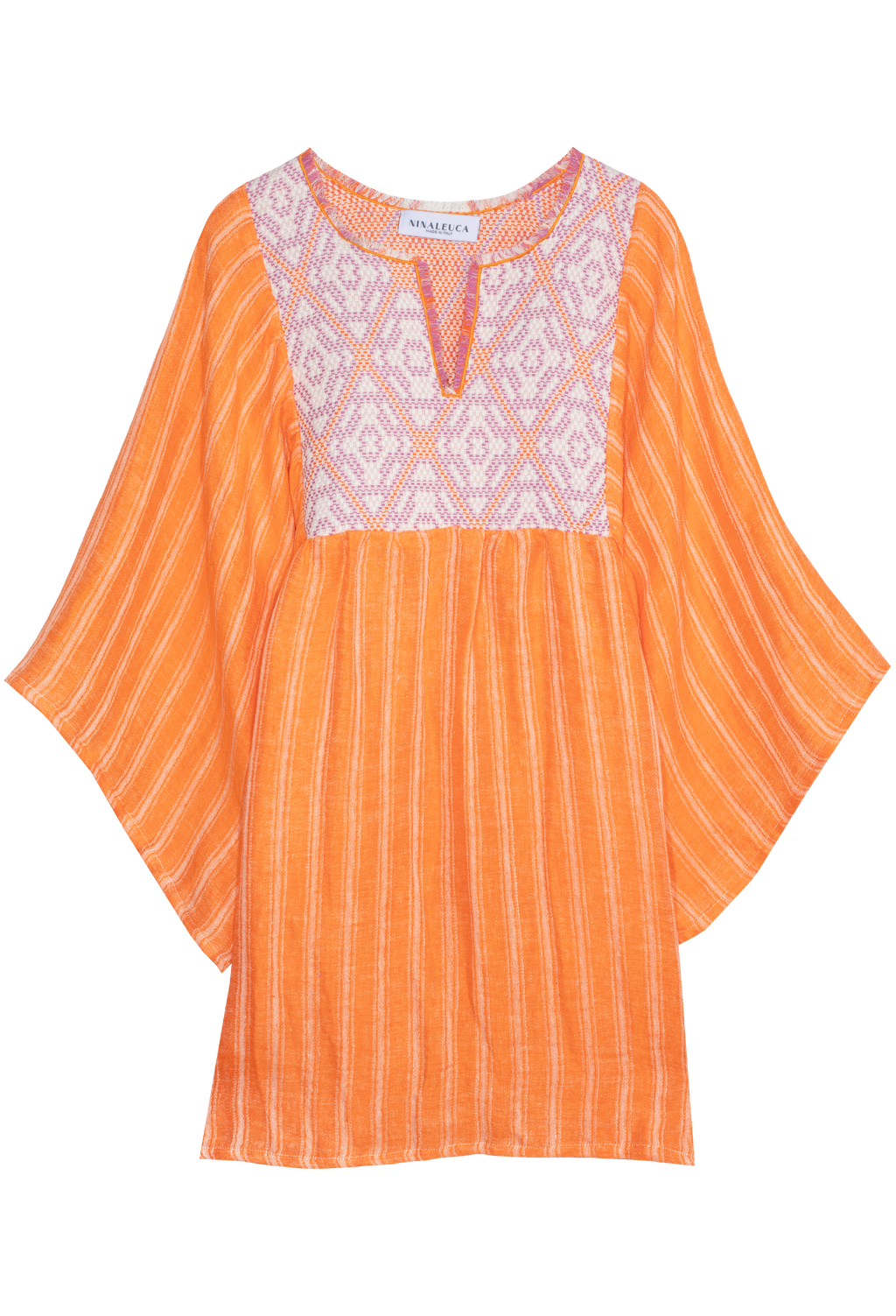 Orange dress with white lace details on a white background