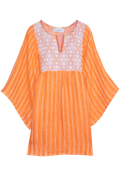 Orange dress with white lace details on a white background