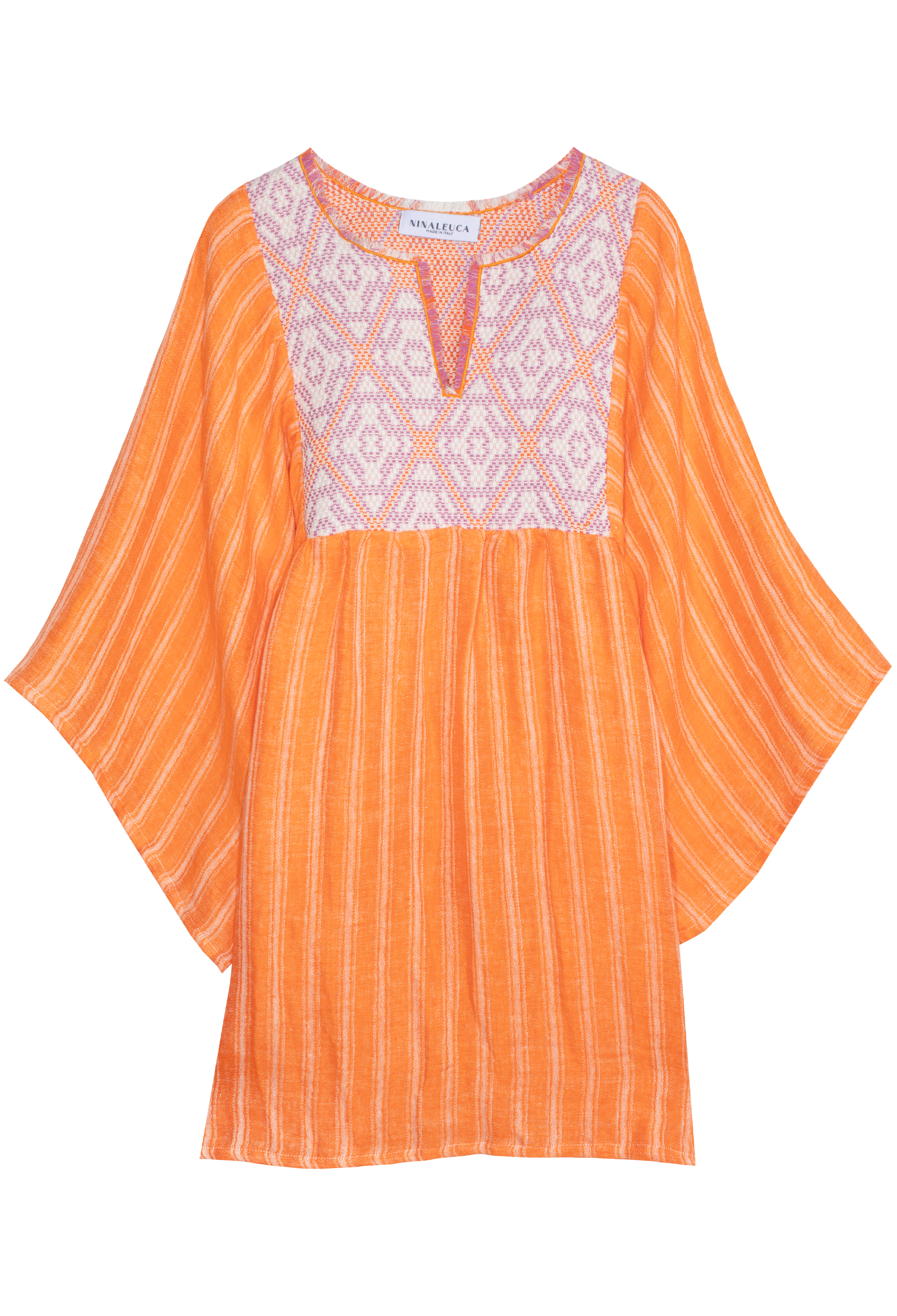 Orange dress with white lace details on a white background