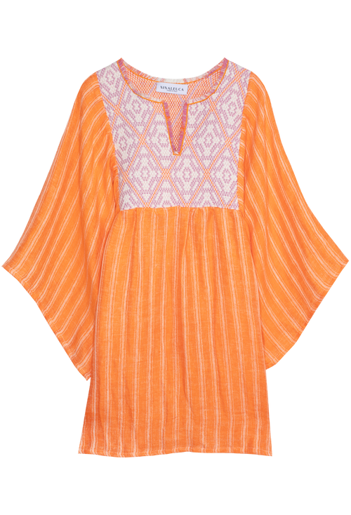 Orange dress with white lace details on a white background