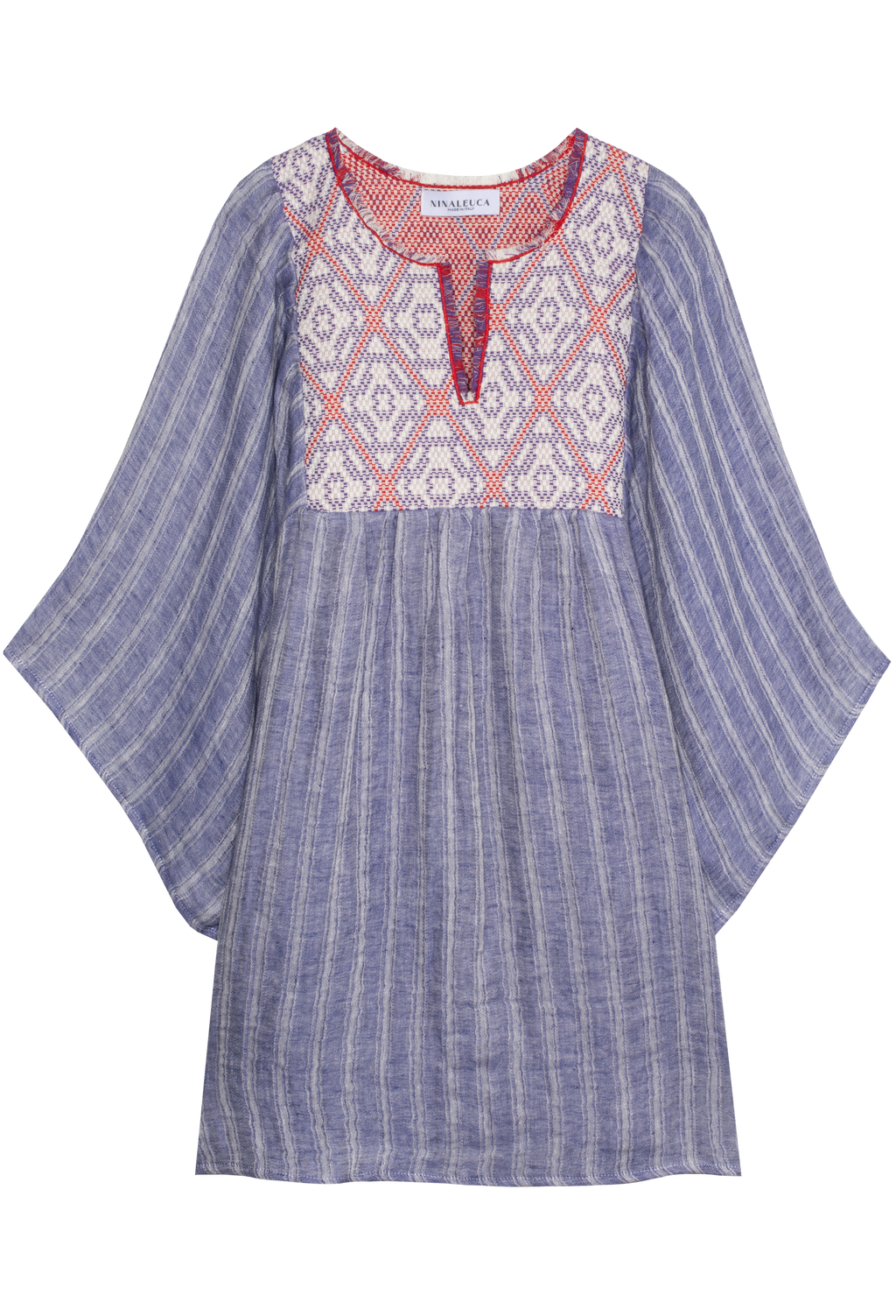 Blue striped dress with embroidered neckline on a white background