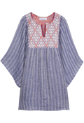 Blue striped dress with embroidered neckline on a white background