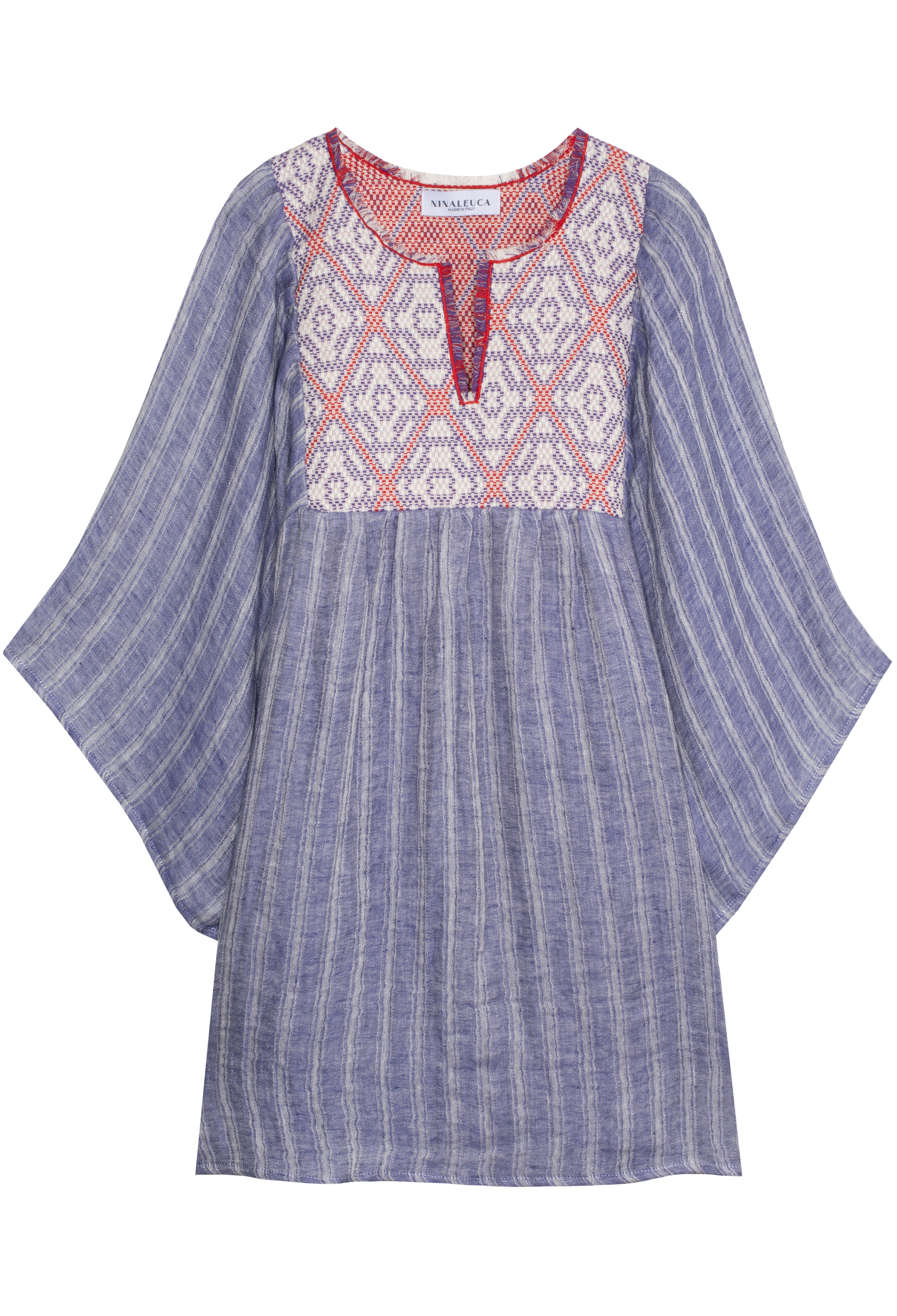 Blue striped dress with embroidered neckline on a white background