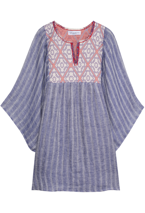 Blue striped dress with embroidered neckline on a white background