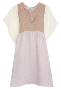 Two-tone dress with beige top and pink skirt on a white background