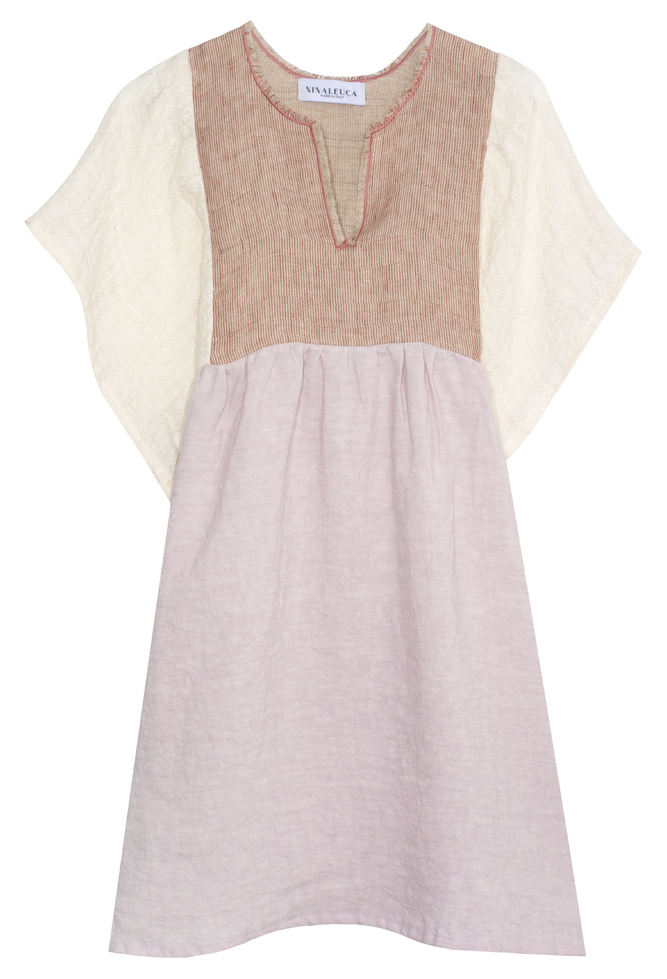 Two-tone dress with beige top and pink skirt on a white background