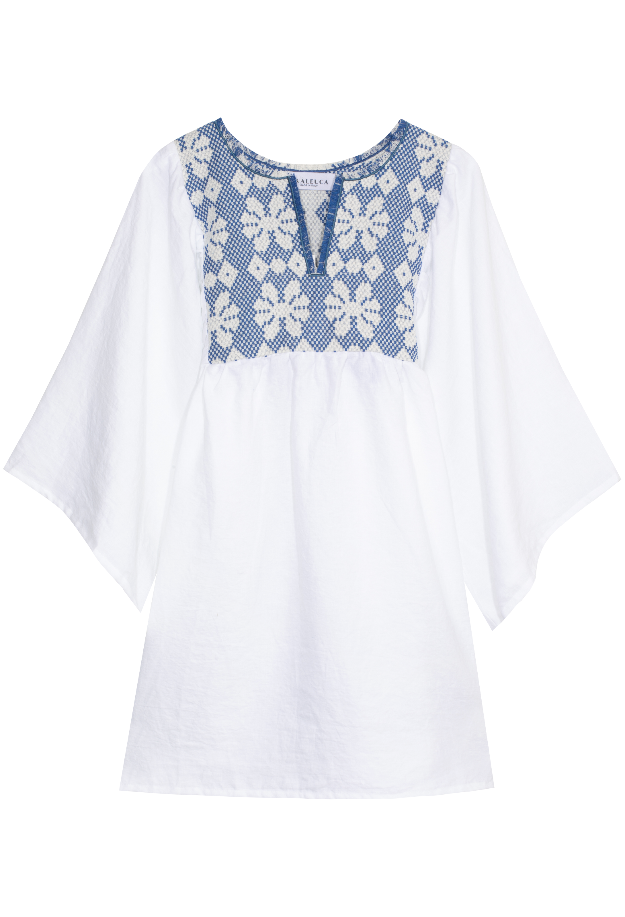 White blouse with blue floral embroidery on a white background