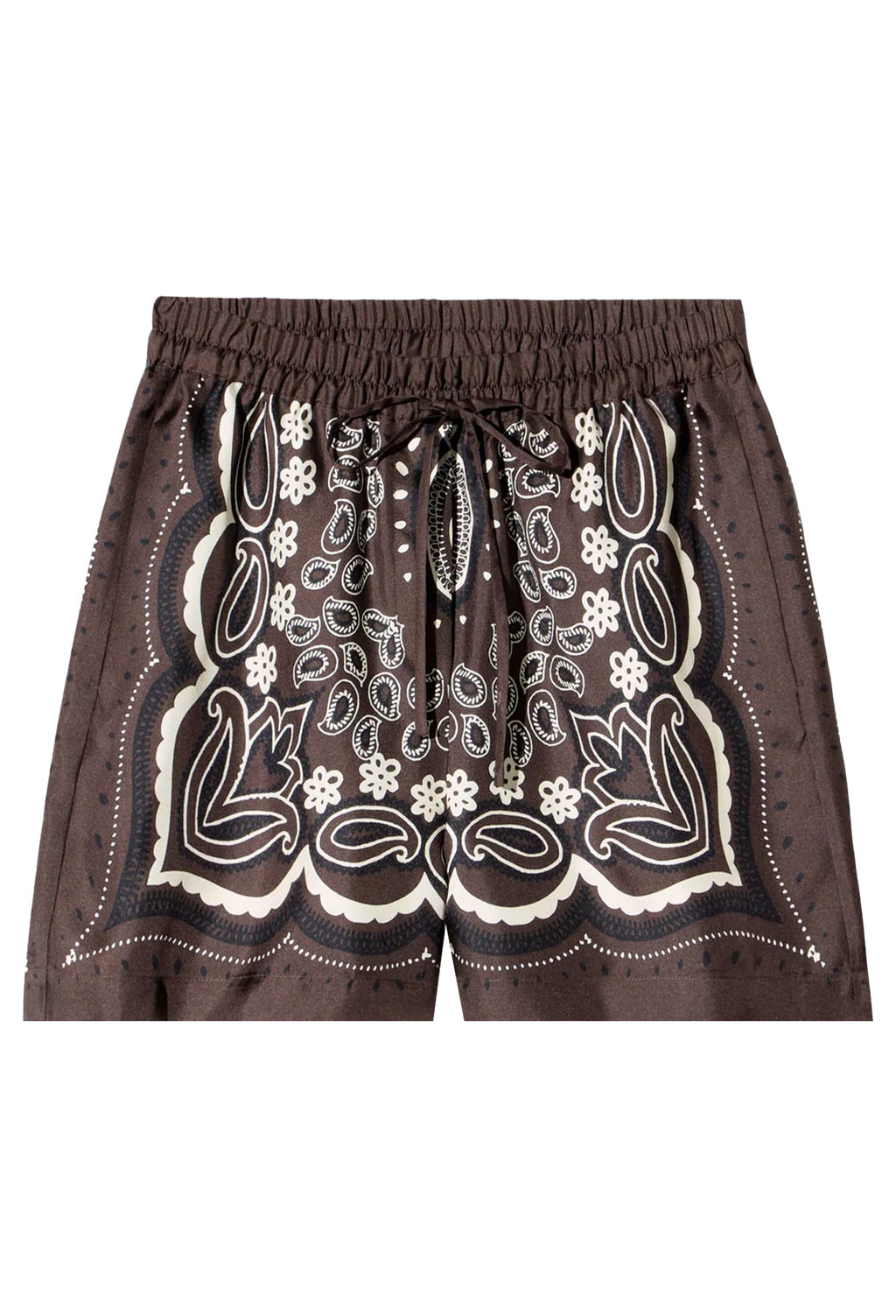 Brown shorts with white floral patterns on a white background
