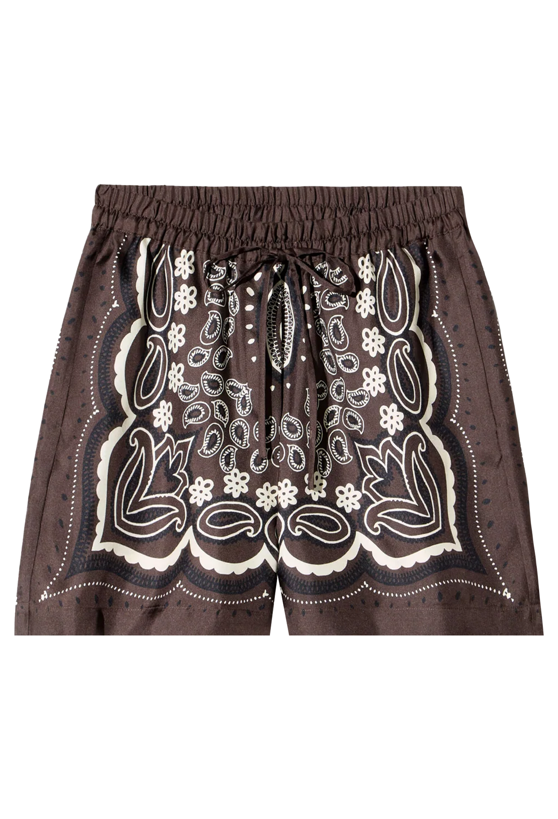 Brown shorts with white floral patterns on a white background