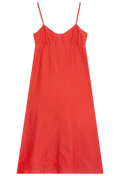red midi dress with spaghetti straps on a white background