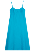 blue midi dress with spaghetti straps on a white background