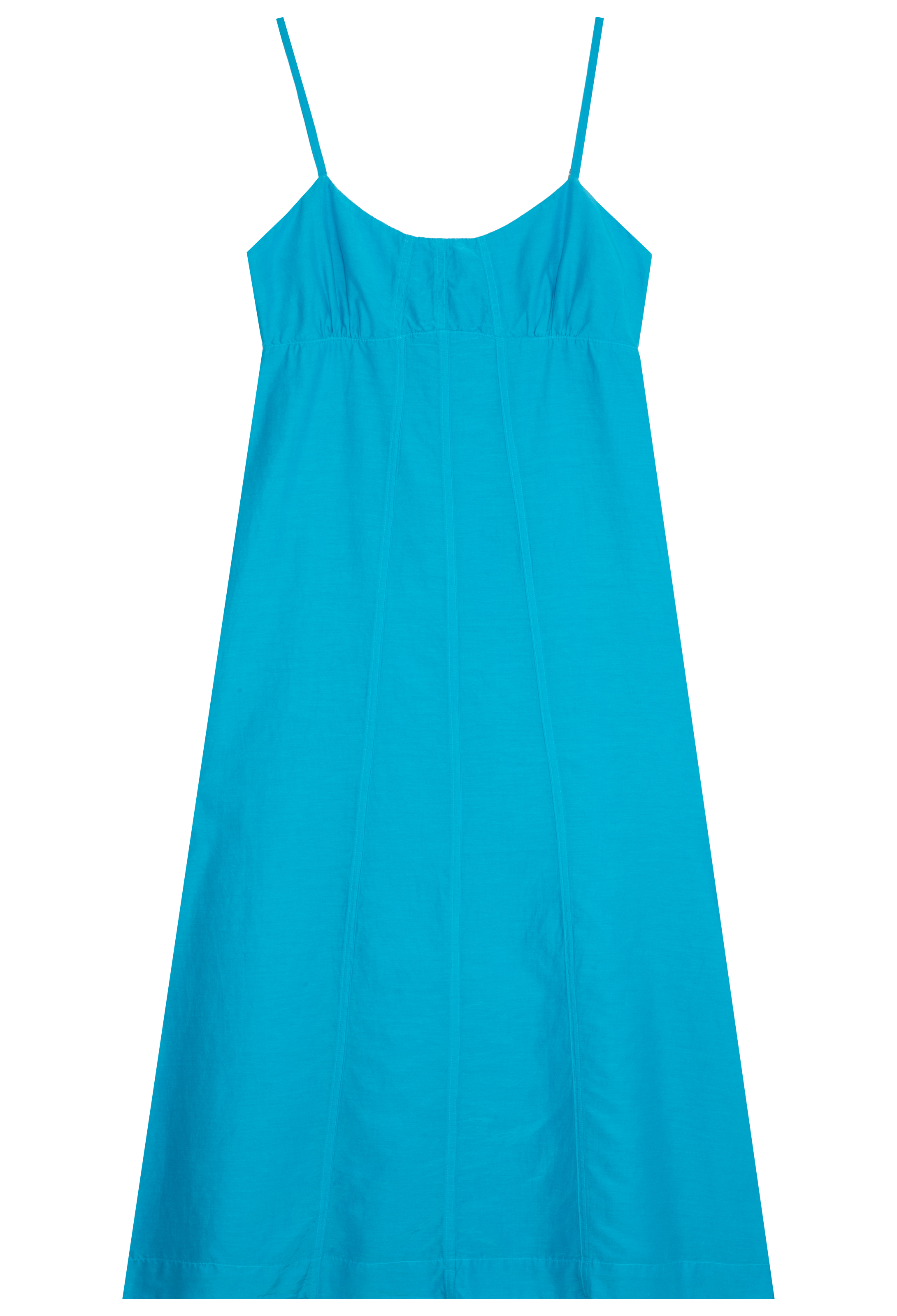 blue midi dress with spaghetti straps on a white background