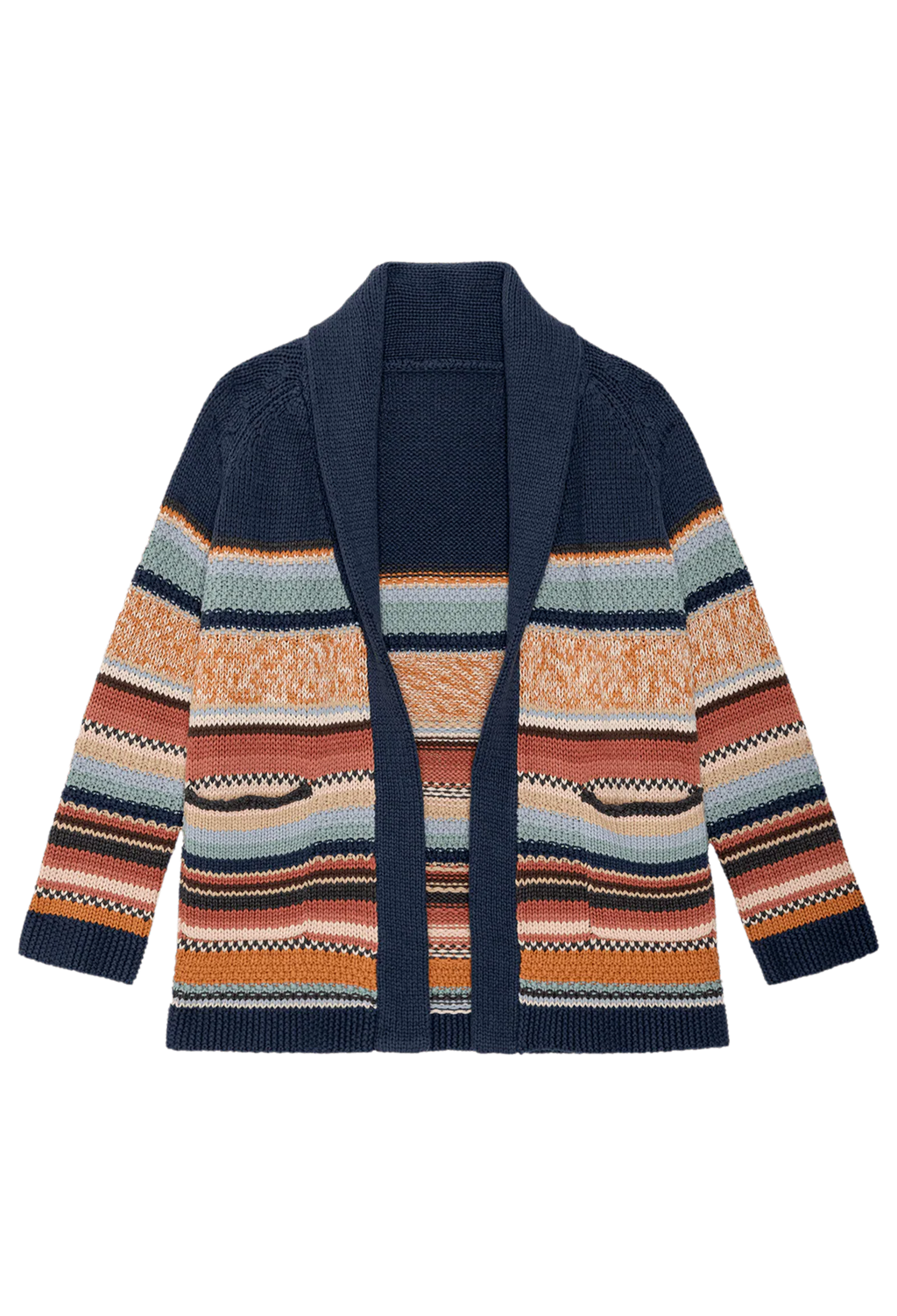blue multicolored striped cardigan on a white background