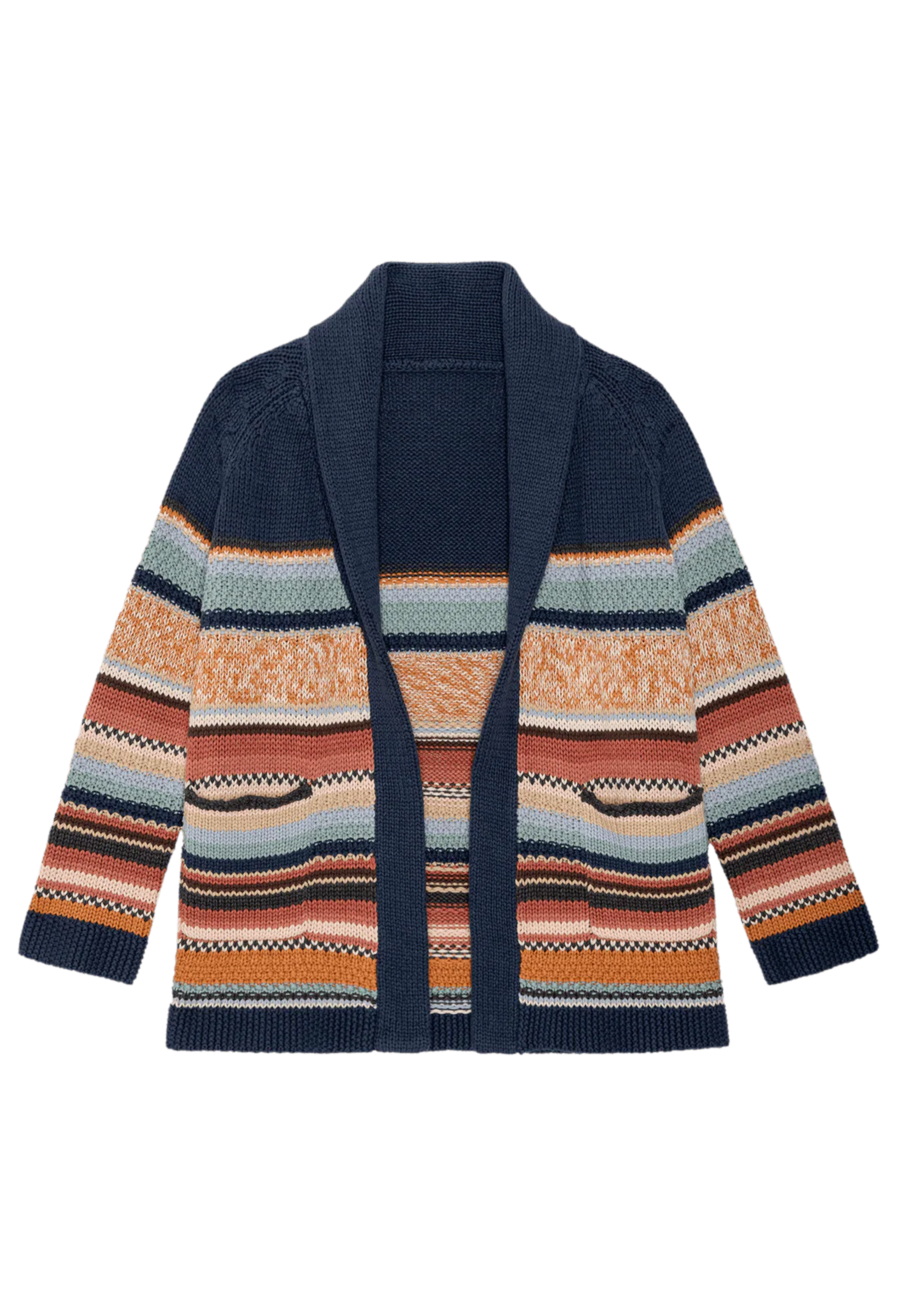 blue multicolored striped cardigan on a white background