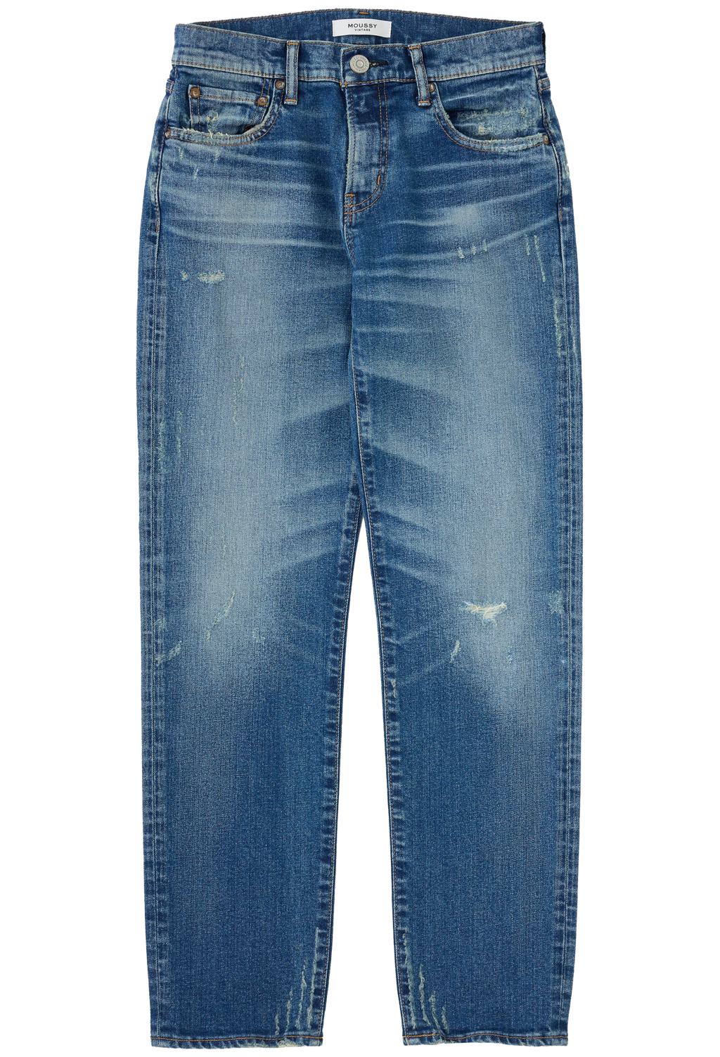 Blue denim jeans with slight distressing on a white background
