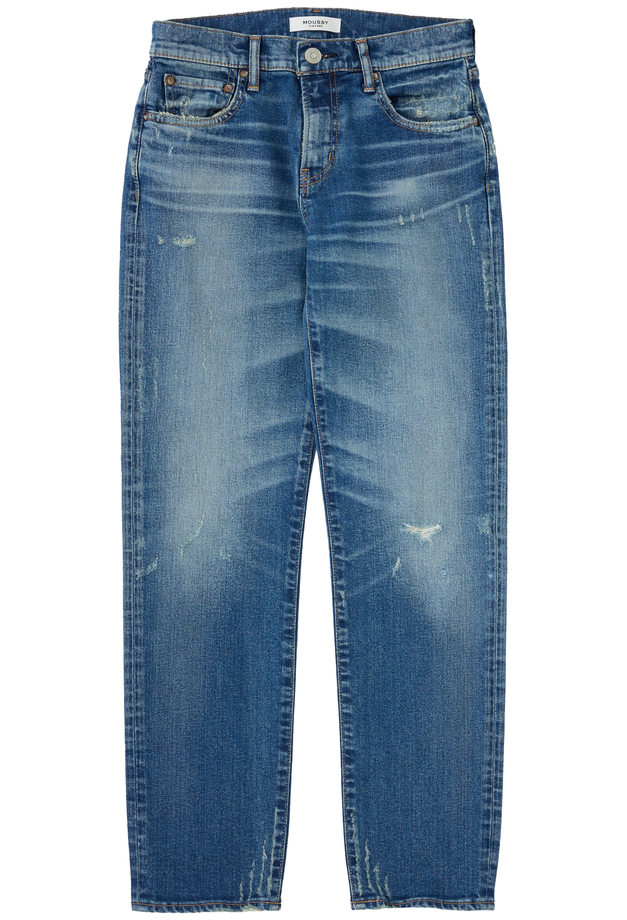 Blue denim jeans with slight distressing on a white background