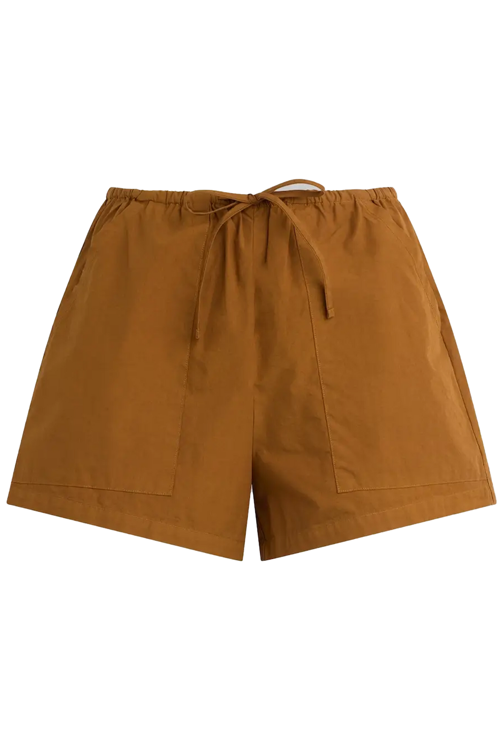Brown shorts with a tie waist on a white background