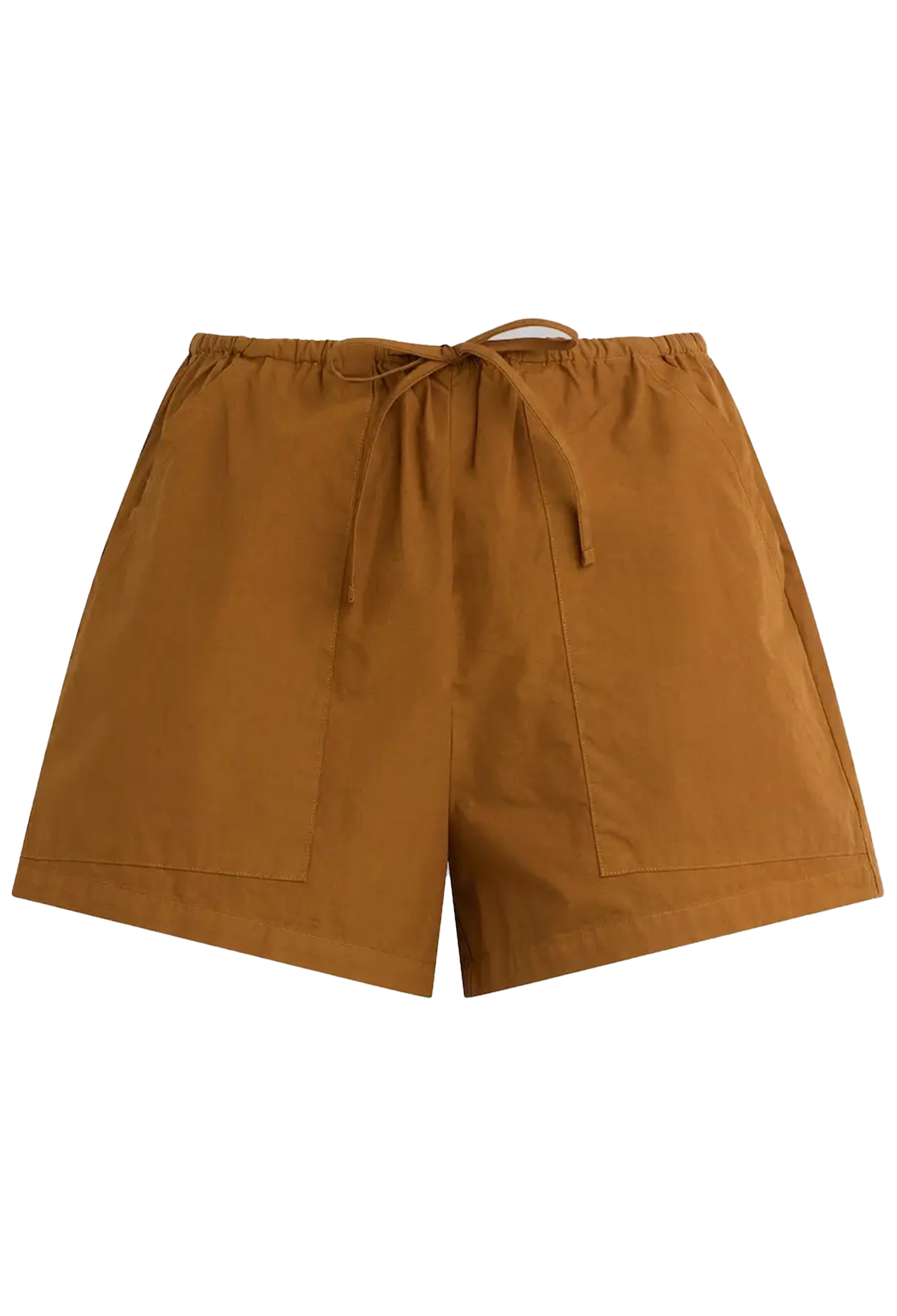 Brown shorts with a tie waist on a white background