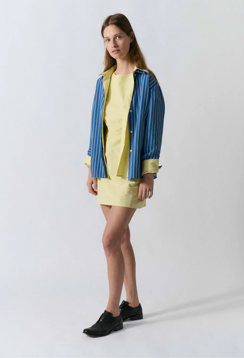 Woman wearing a yellow dress and blue striped shirt on a white background