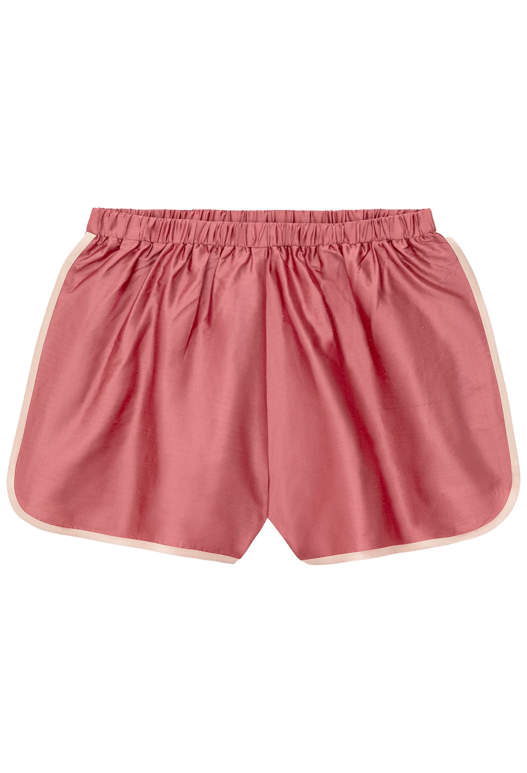 red athletic shorts with white contrast piping on a white background