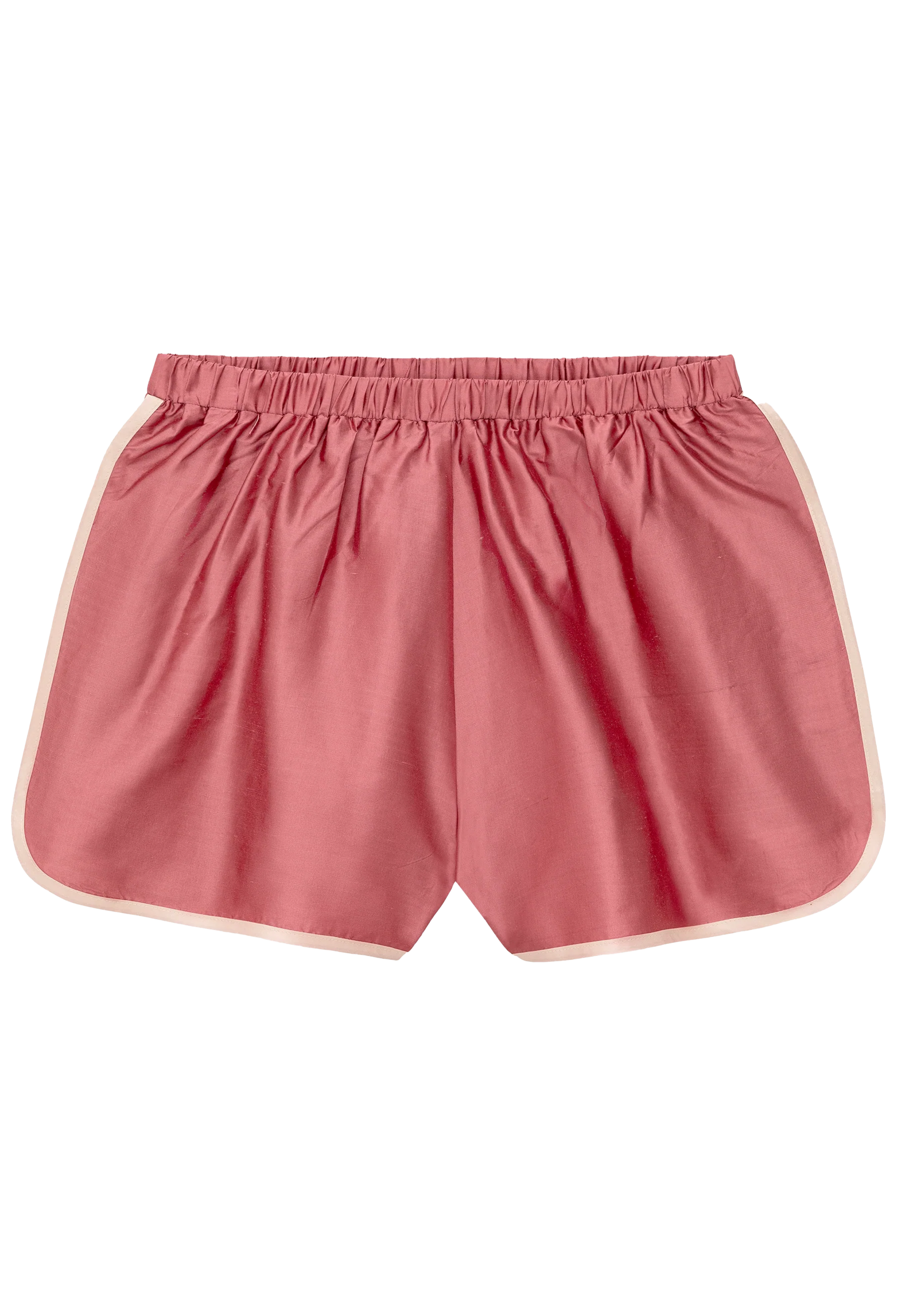 red athletic shorts with white contrast piping on a white background