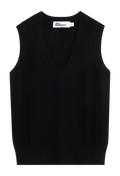 A black sleeveless V-neck knit sweater vest with ribbed trim, shown flat against a white background. 