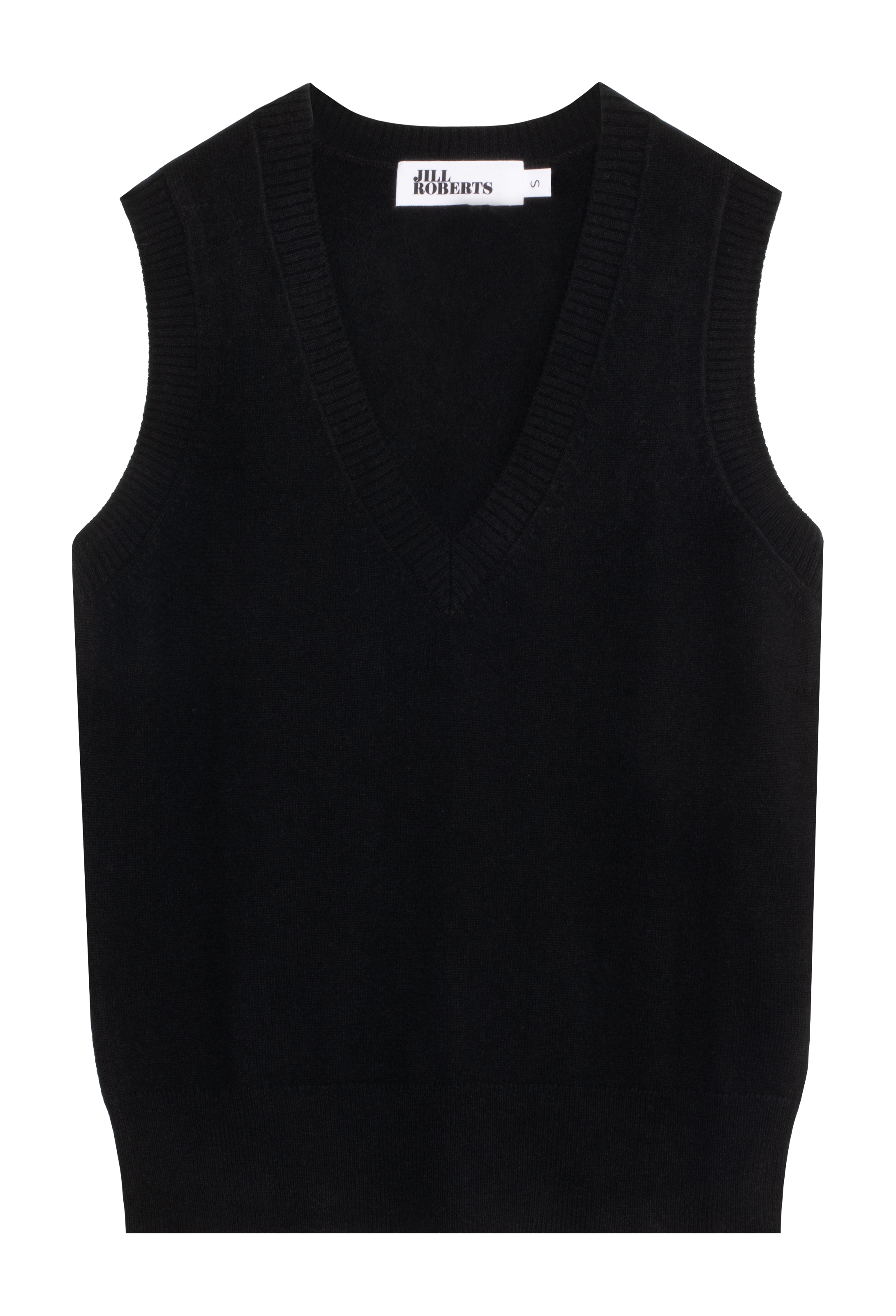 A black sleeveless V-neck knit sweater vest with ribbed trim, shown flat against a white background. 