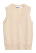 A sleeveless cream-colored knit sweater vest with a V-neck and ribbed trim, shown flat against a white background. 