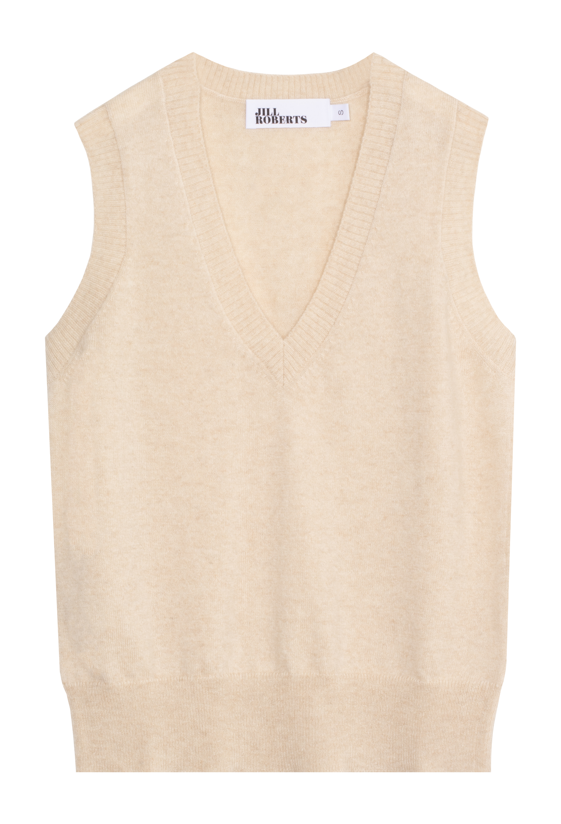 A sleeveless cream-colored knit sweater vest with a V-neck and ribbed trim, shown flat against a white background. 