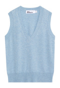 A light blue knit V-neck sweater vest with ribbed trim, shown flat against a white background. 