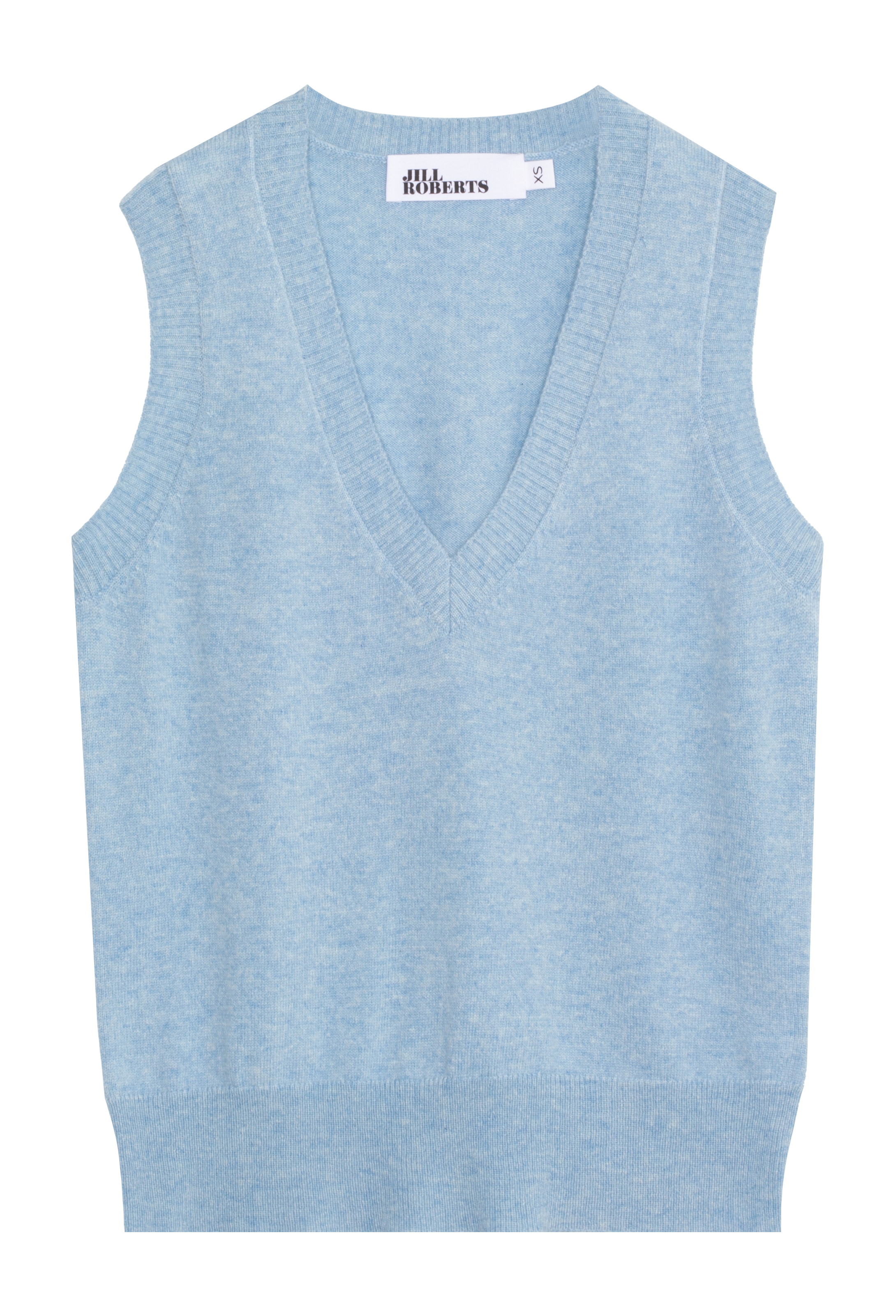 A light blue knit V-neck sweater vest with ribbed trim, shown flat against a white background. 