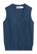 A navy blue knit sweater vest with a V-neckline, shown flat against a white background. 