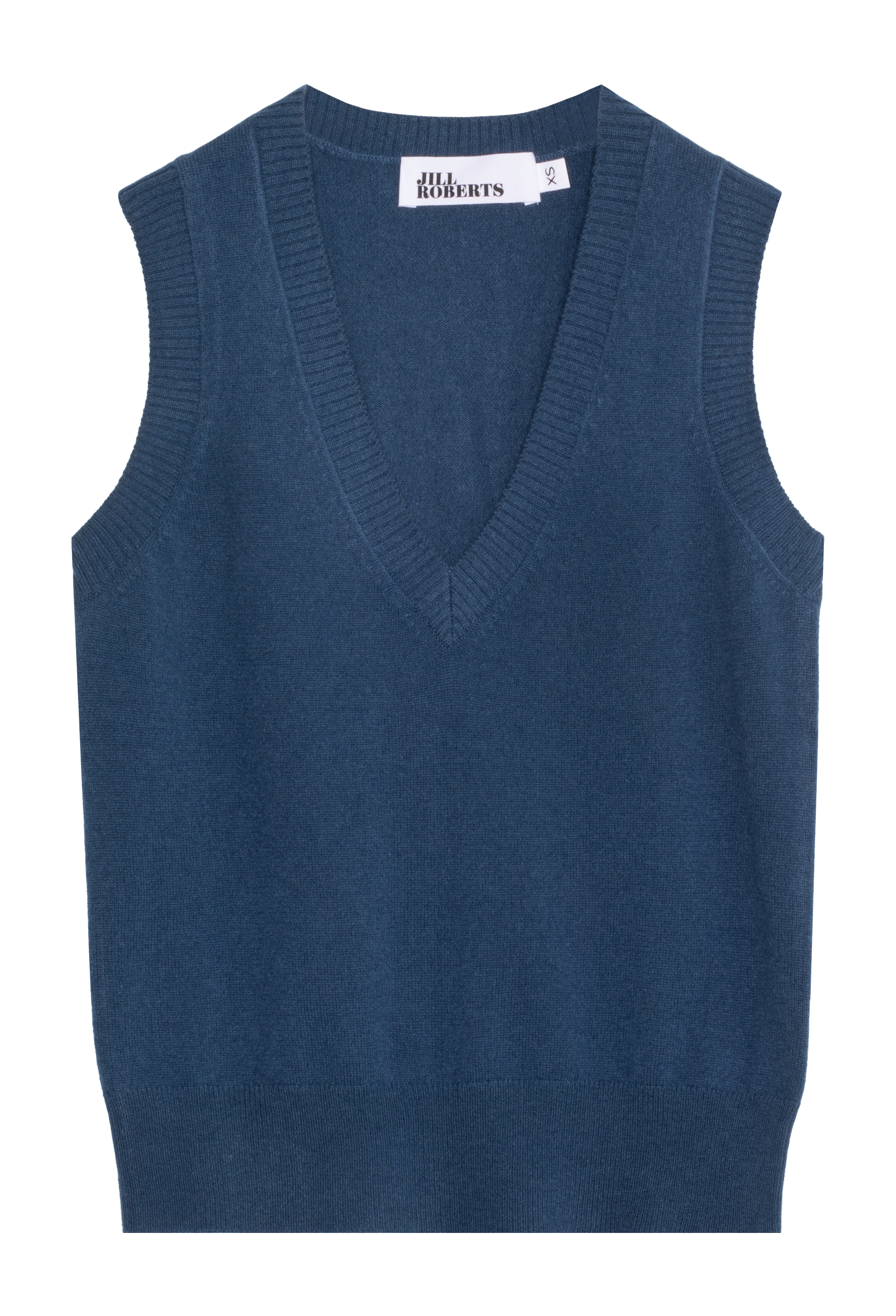 A navy blue knit sweater vest with a V-neckline, shown flat against a white background. 