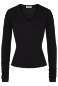A black long-sleeve V-neck tee, shown on a plain white background.