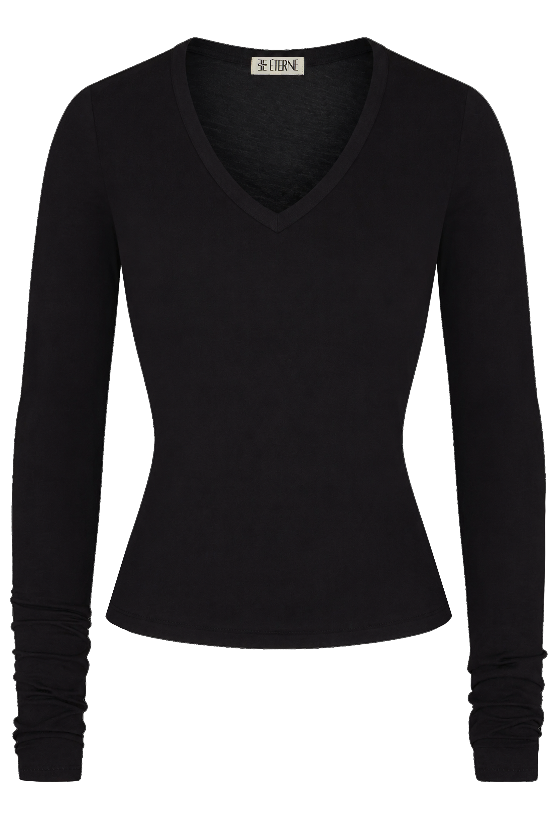 A black long-sleeve V-neck tee, shown on a plain white background.