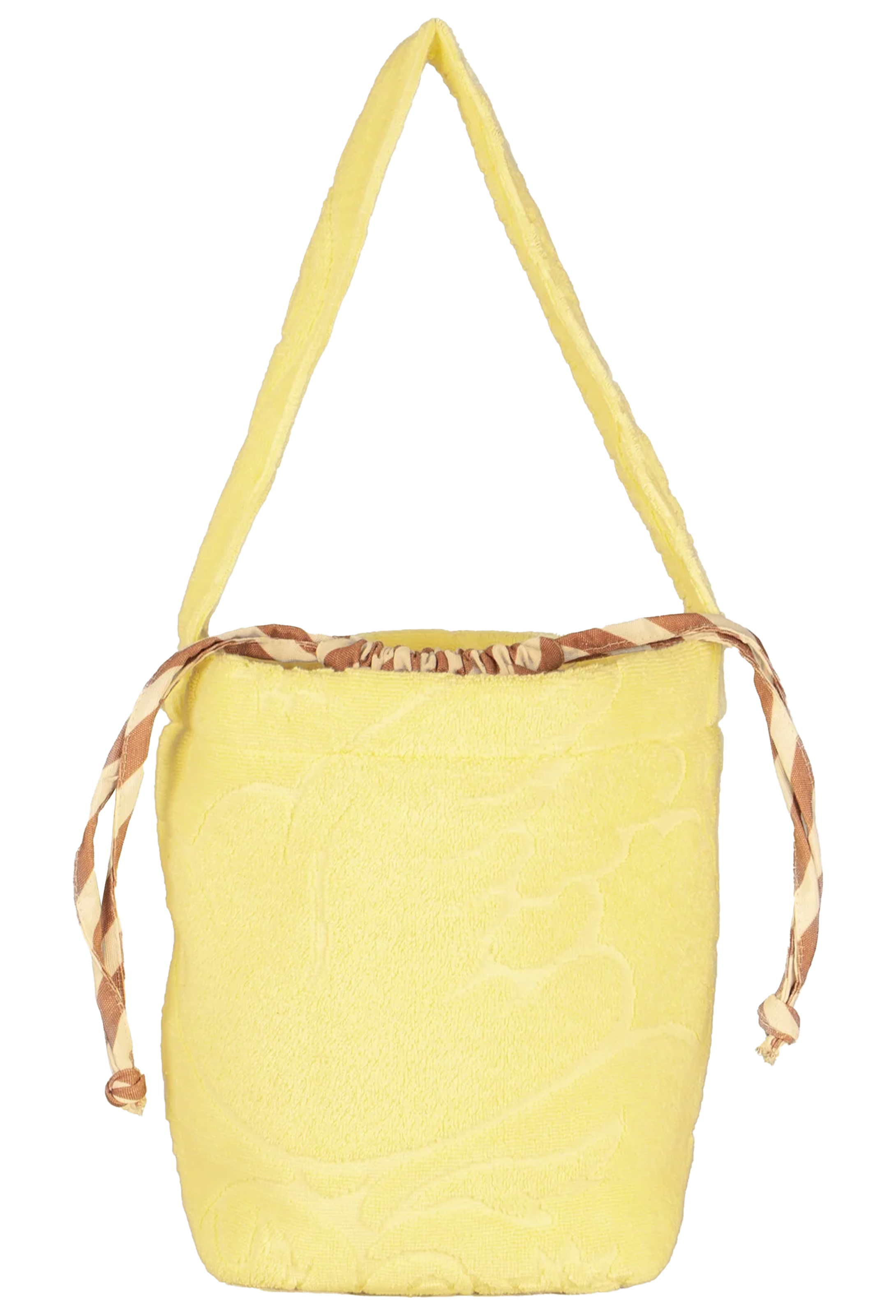 A light yellow woven bucket bag with a single shoulder strap and a brown and beige patterned drawstring closure at the top, shown against a plain white background.
