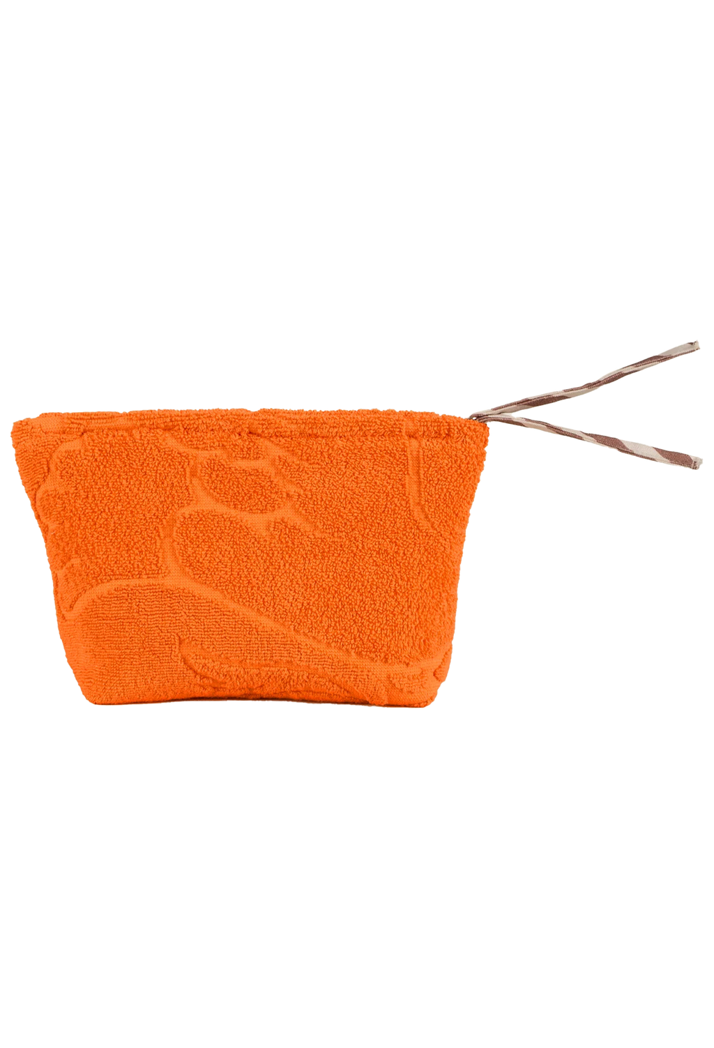 An orange textured pouch with a tonal design, featuring a striped pull tab, shown against a plain white background.
